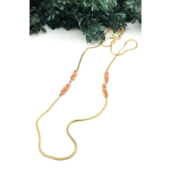 Vintage Monet Gold-Tone Chain Necklace With Coral Enamel Flower Accents & Lobste - Picture 2 of 4